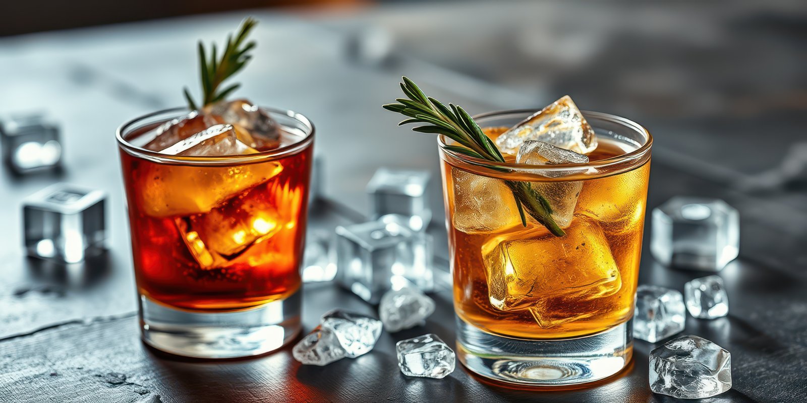 Craft cocktails served on a wooden table with ice cubes and garnishes in a cozy bar setting